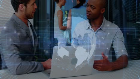 animation of globe, numbers and moving lines over diverse entrepreneurs shaking hands after deal