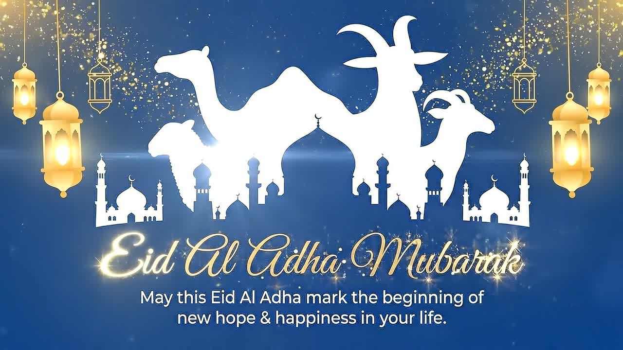 Animazione banner di auguri Eid al-Adha: sagome bianche di animali, lanterne luminose e skyline di moschee per un'atmosfera festiva.