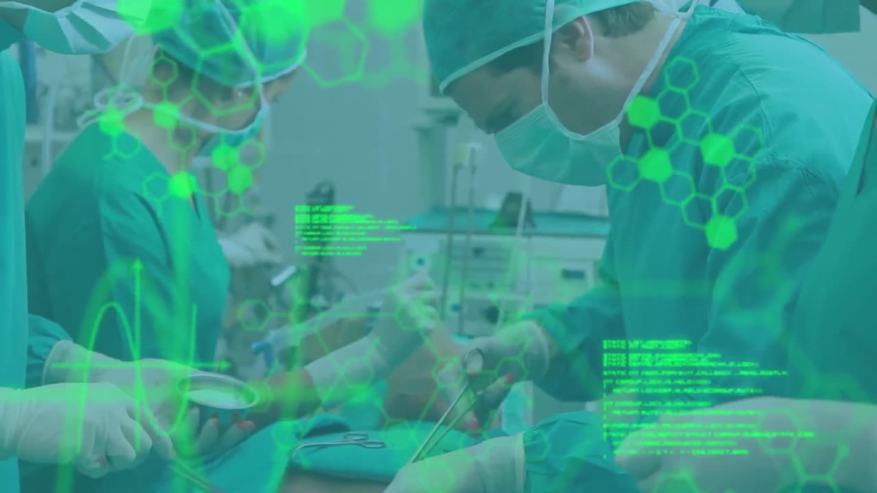 수술실에서 환자를 수술하는 외과 의사에 대한 의료 정보 및 데이터 처리 애니메이션