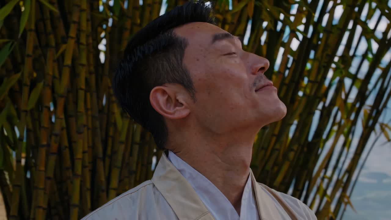A serene video scene of a person in traditional attire tending yellow flowers, shot from a low angle