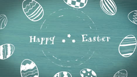 animation of happy easter text banner and easter egg icons against blue wooden textured background