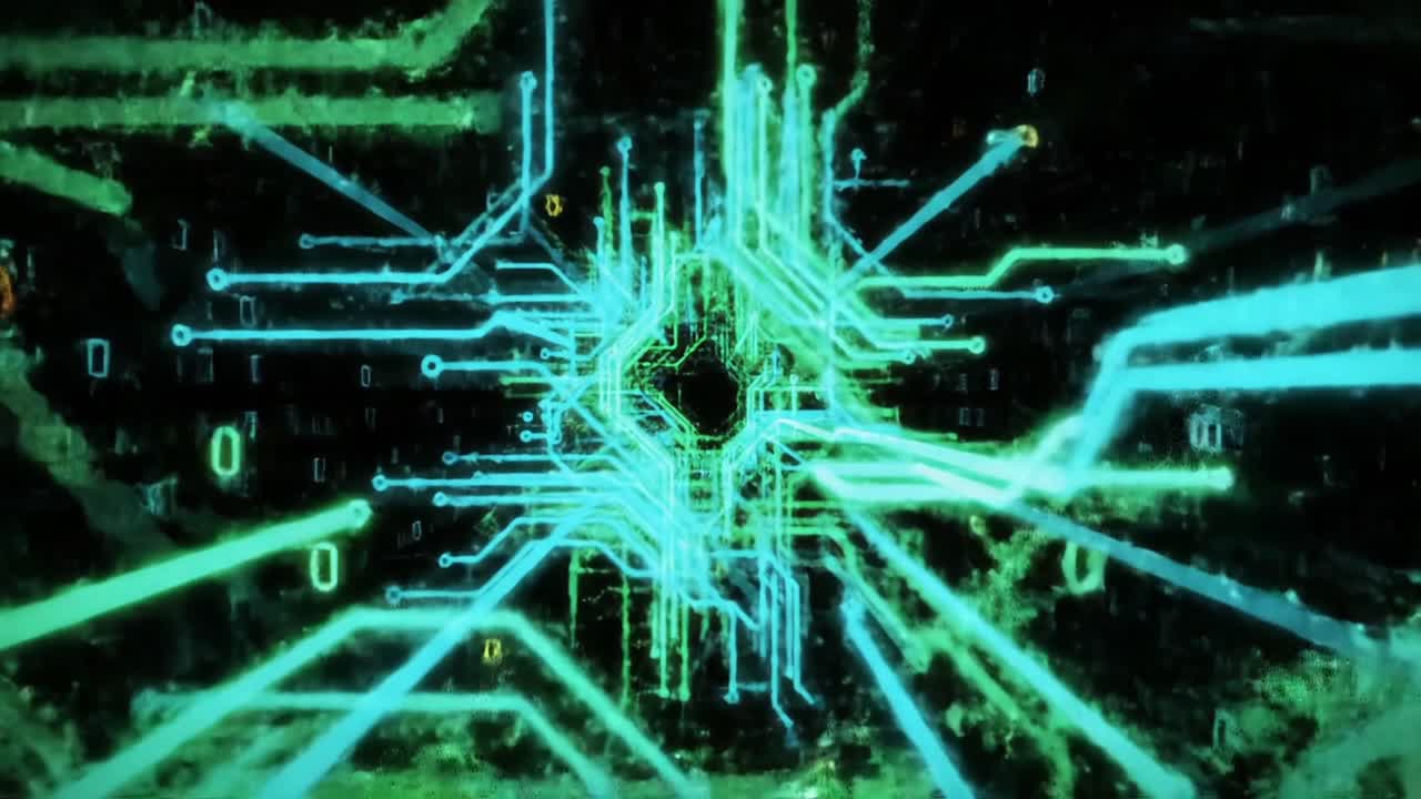 A Hypnotic Journey Through a Digital Matrix: Exploring the Intricate Circuitry and Flow of Light in a Futuristic Technological Landscape