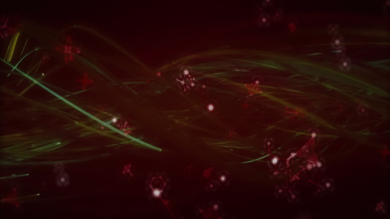 Abstract light strands weaving across red void, flat design glowing nodes radiating pixel bursts