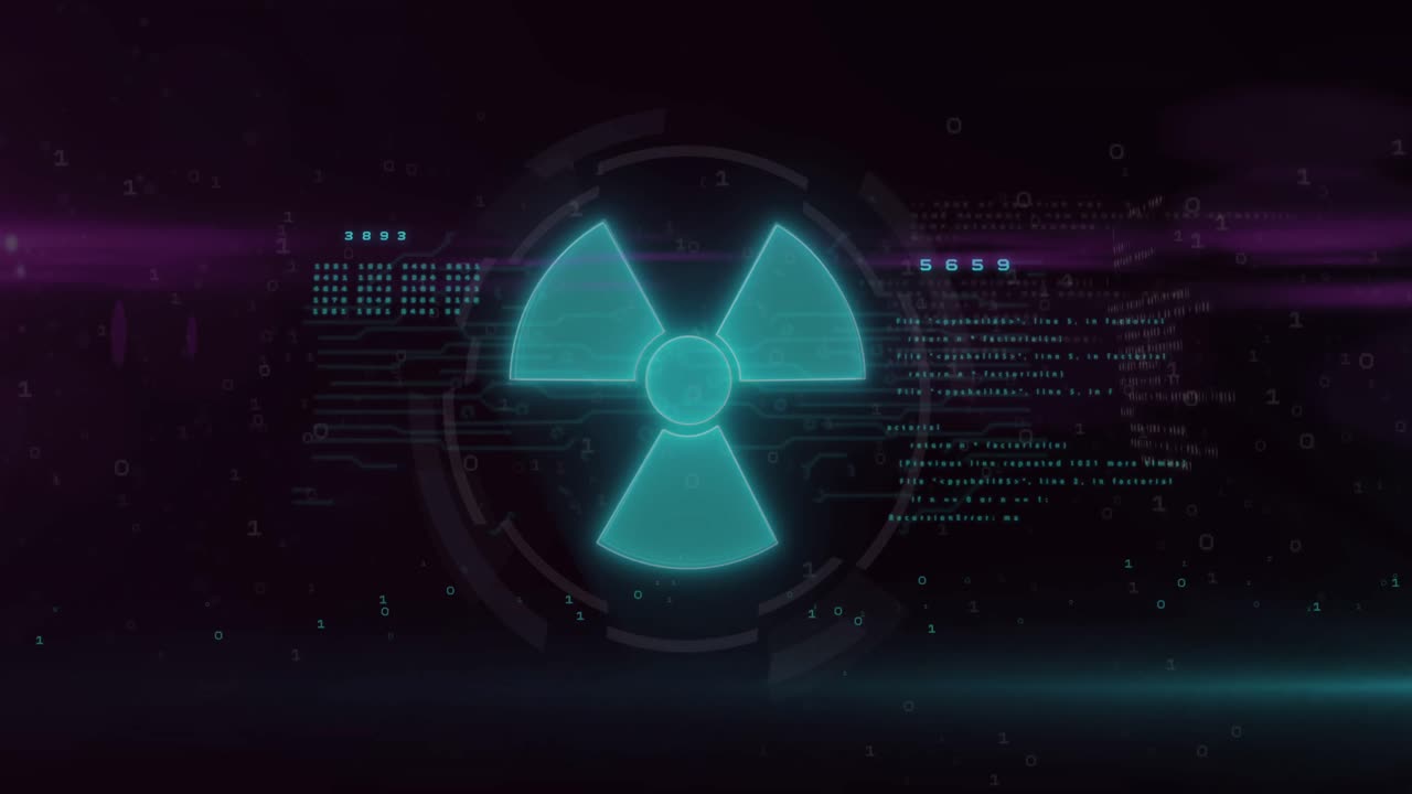 초록색 핵 표지판의 애니메이션과 검은색 배경의 장애와 함께 데이터 처리