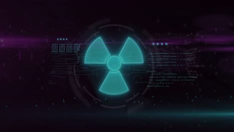 animación del signo nuclear verde y procesamiento de datos con fallo sobre fondo negro