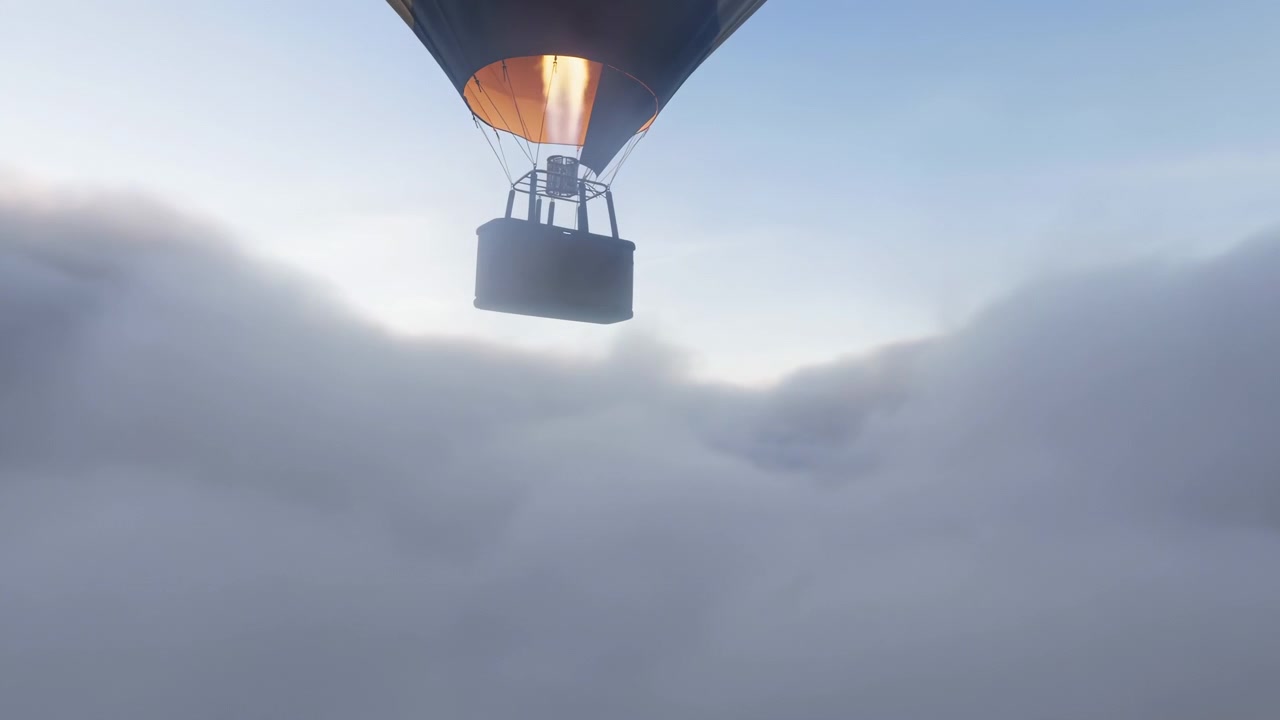 La cesta e la parte inferiore dell'involucro della mongolfiera si muovono costantemente sopra nuvole grigie e gonfie mentre un cielo luminoso si apre dietro di loro, mentre la luce calda della fiamma contrasta con la fredda foschia atmosferica