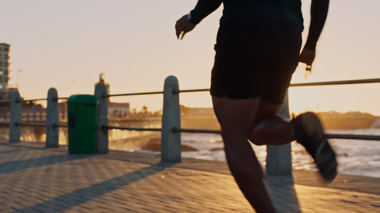 Man, beach and sunset running