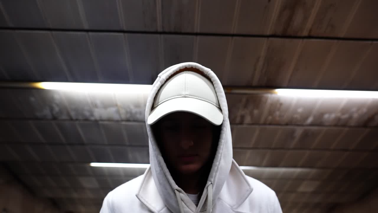 얼굴에 그림자가 있는 소녀는 지하철 에스컬레이터를 타고 지하에서 표면으로 올라갑니다.