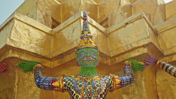 Statua di demone guardiano verde che sorregge un chedi dorato al Wat Phra Kaew a Bangkok, arte tradizionale dei templi thailandesi in Thailandia