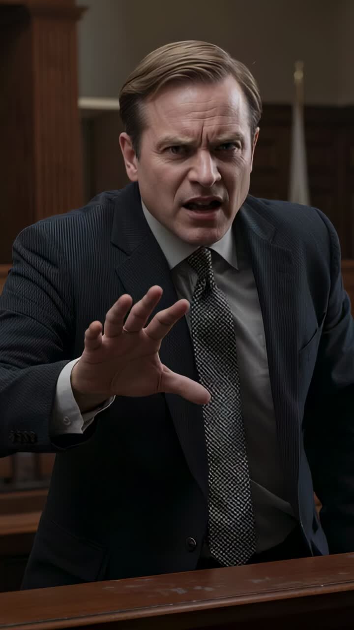 Vertical video: Raising right hand, middle-aged man answering question at courtroom railing in suit