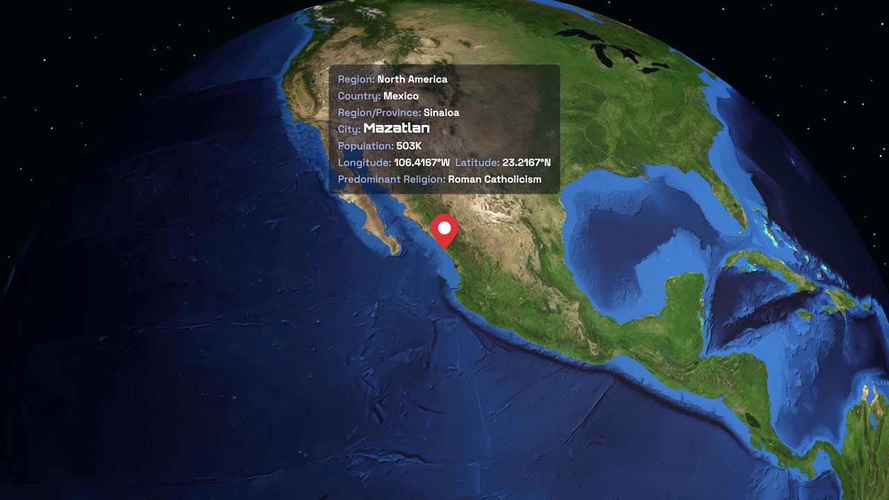 Una Tierra digital gira y se acerca a Mazatlán, México, mostrando información demográfica regional