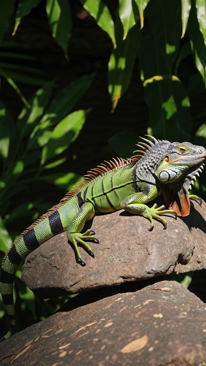 Toma de video en primer plano de una iguana vibrante asoleándose en rocas iluminadas por el sol, capturada desde un ángulo bajo.