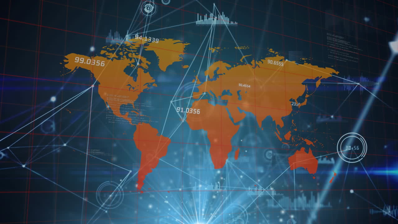추상적인 배경에 대한 지도와 숫자 위의 그래프와 연결된 아이콘의 애니메이션
