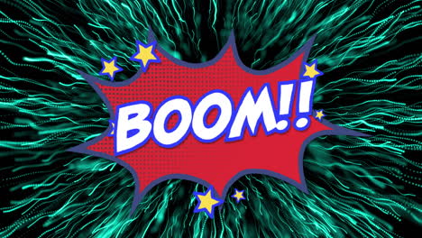 animation of boom text over fireworks on black background