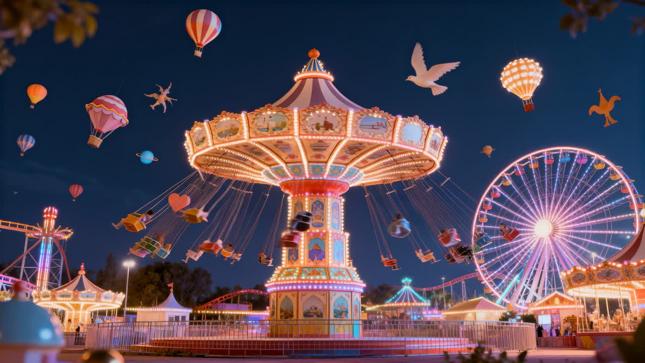 Spinning illuminated swing carousel carrying riders at nighttime fairground, Ferris wheel glowing