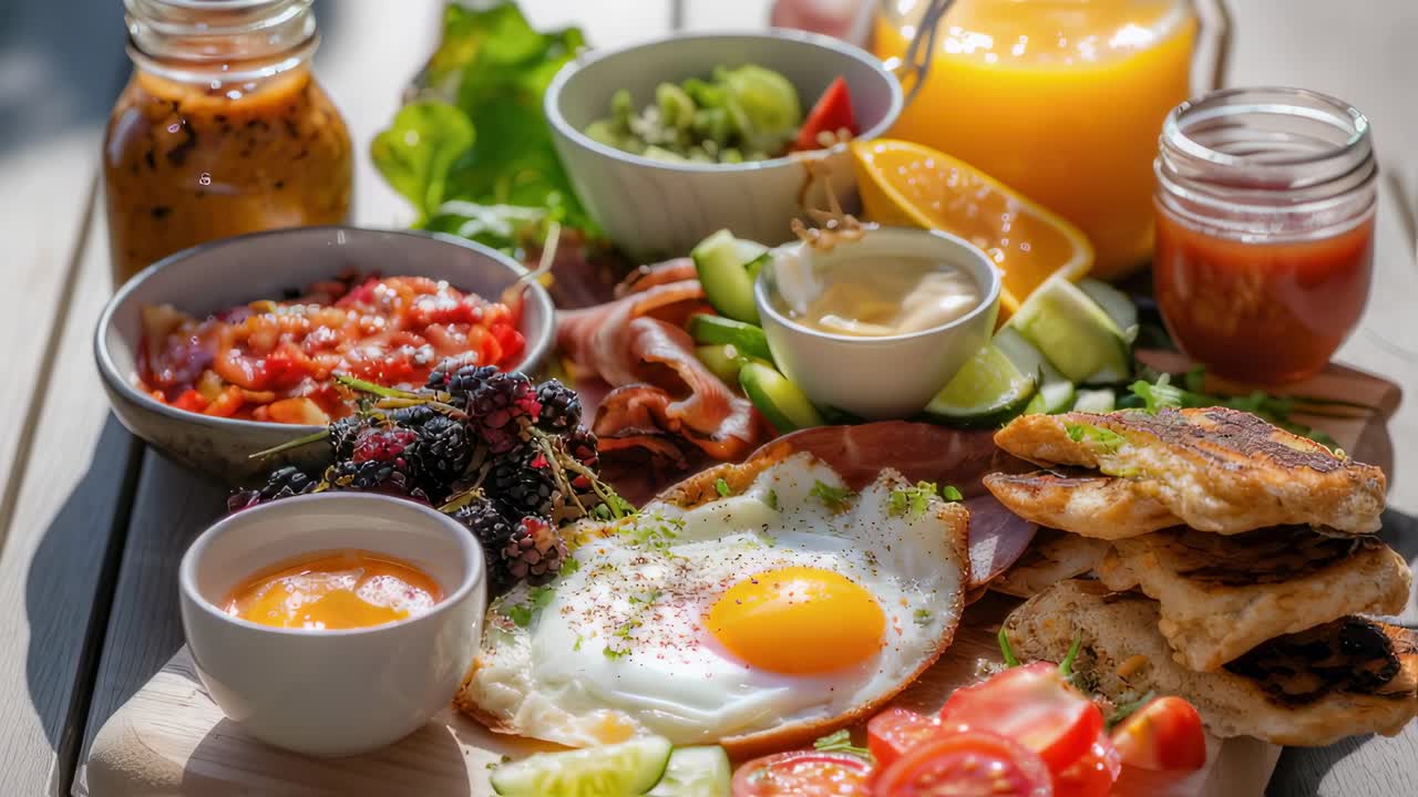Rustic wooden board displaying hearty breakfast spread with sunny side up eggs, crispy bacon, garden vegetables, colorful sauces, blackberries, orange juice, toasted flatbreads