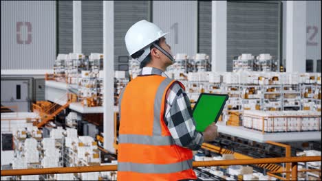 warehouse worker inspecting inventory with tablet