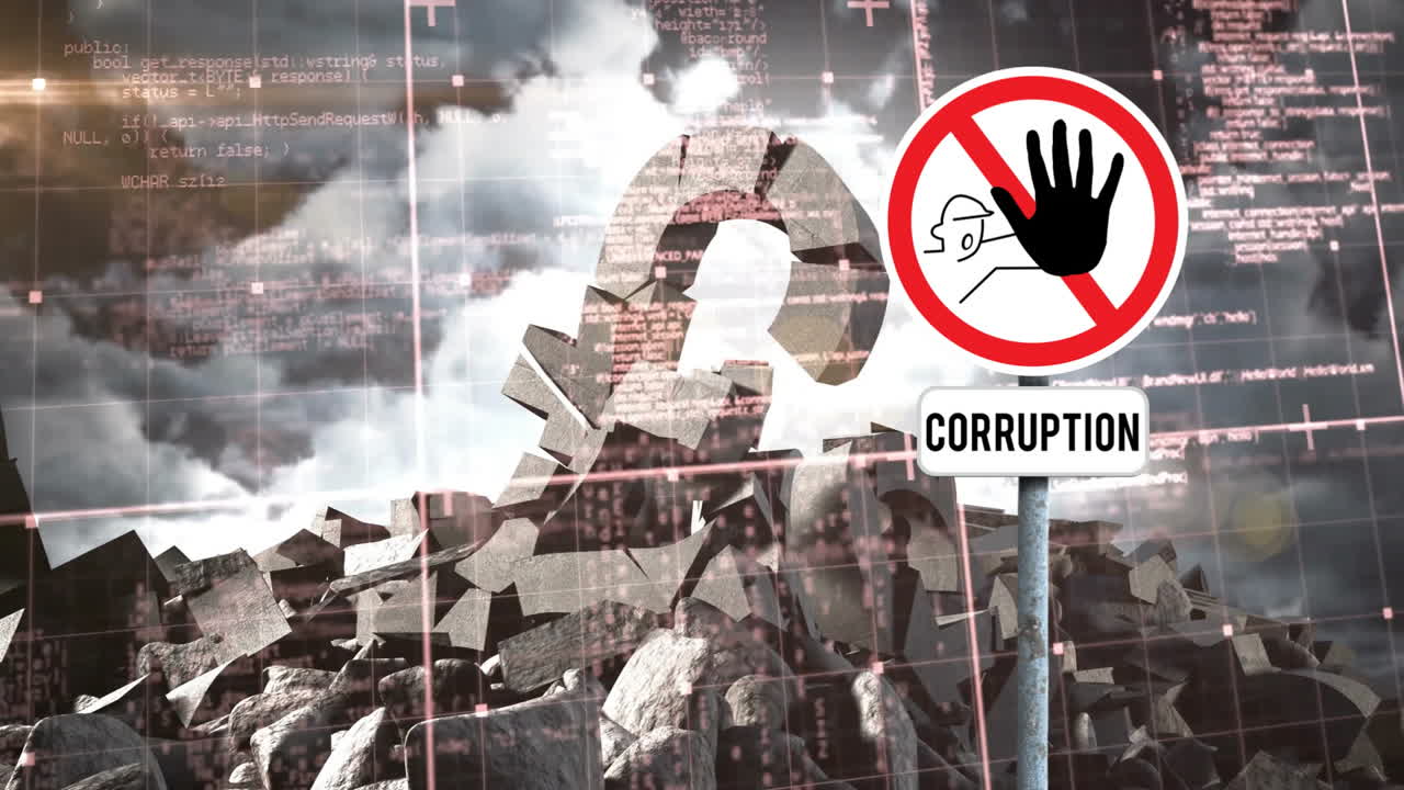 부서진 파운드의 애니메이션과 데이터 처리가 부패 텍스트와 함께 경고 표지판을 통해