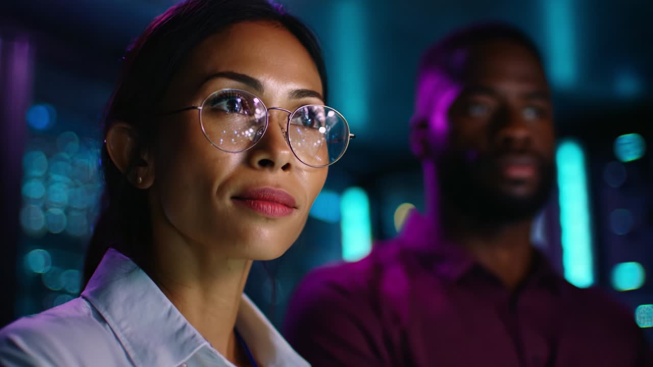 Introspection and Growth: A Woman's Journey Through Innovation and Technology Amidst a Futuristic Setting, with a Focused Expression and a Contemplative Background, Set Against a Glowing Urban Landscape