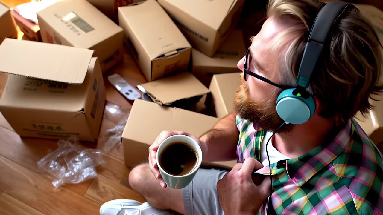 un hombre con auriculares y una taza de café