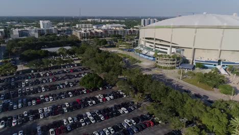 4k aerial drone video of tropicana field and full parking lots next to interstate 275 in downtown st