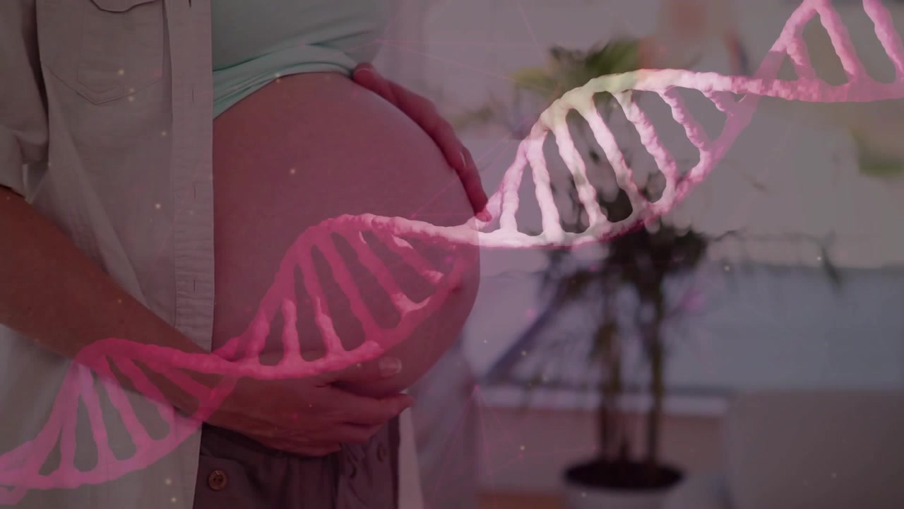 Pink DNA helix sweeping across bump guiding couple placing hands cradling belly in prenatal health