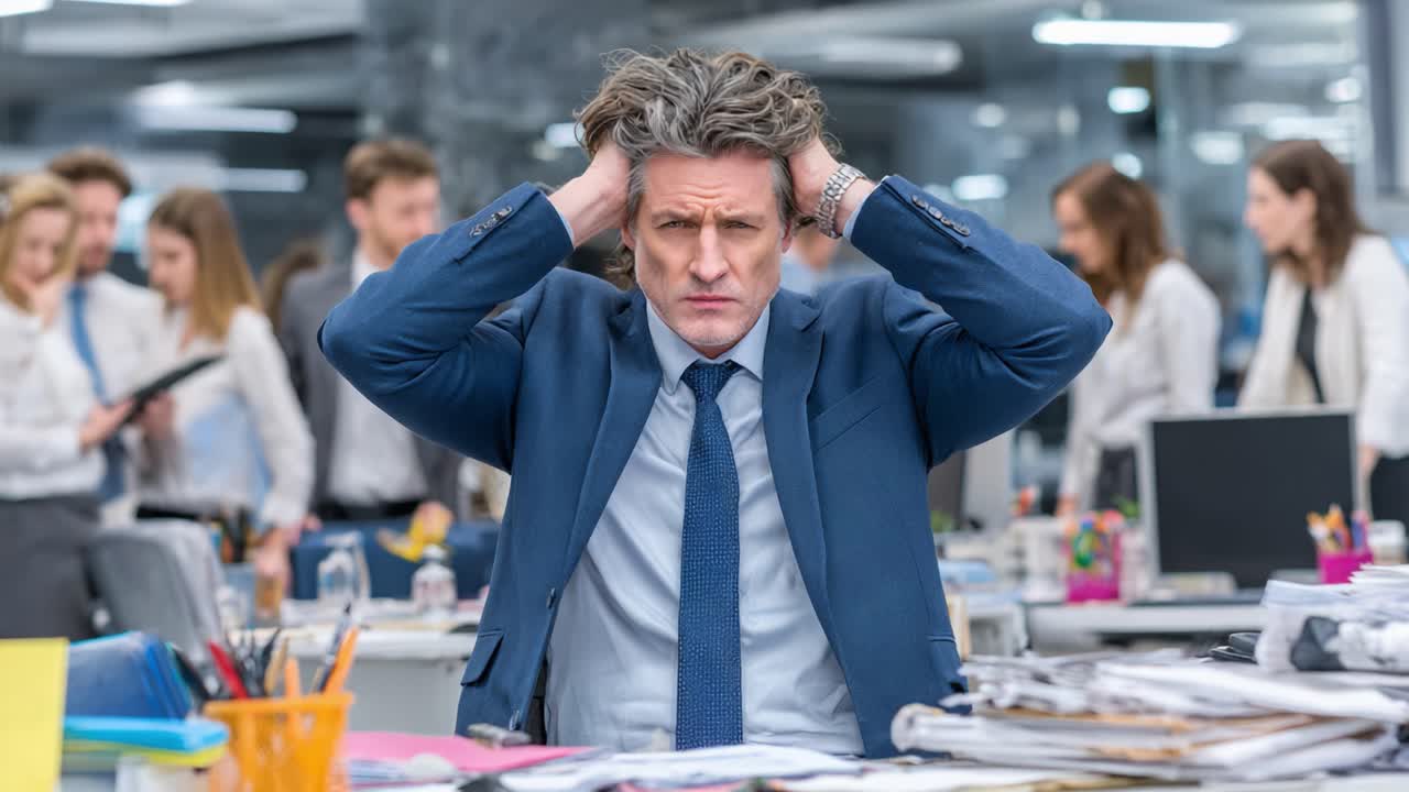 Stress and Overwhelm in the Workplace: A Depicted Journey from Frustration to Calm Amidst Chaos in a Busy Office Environment