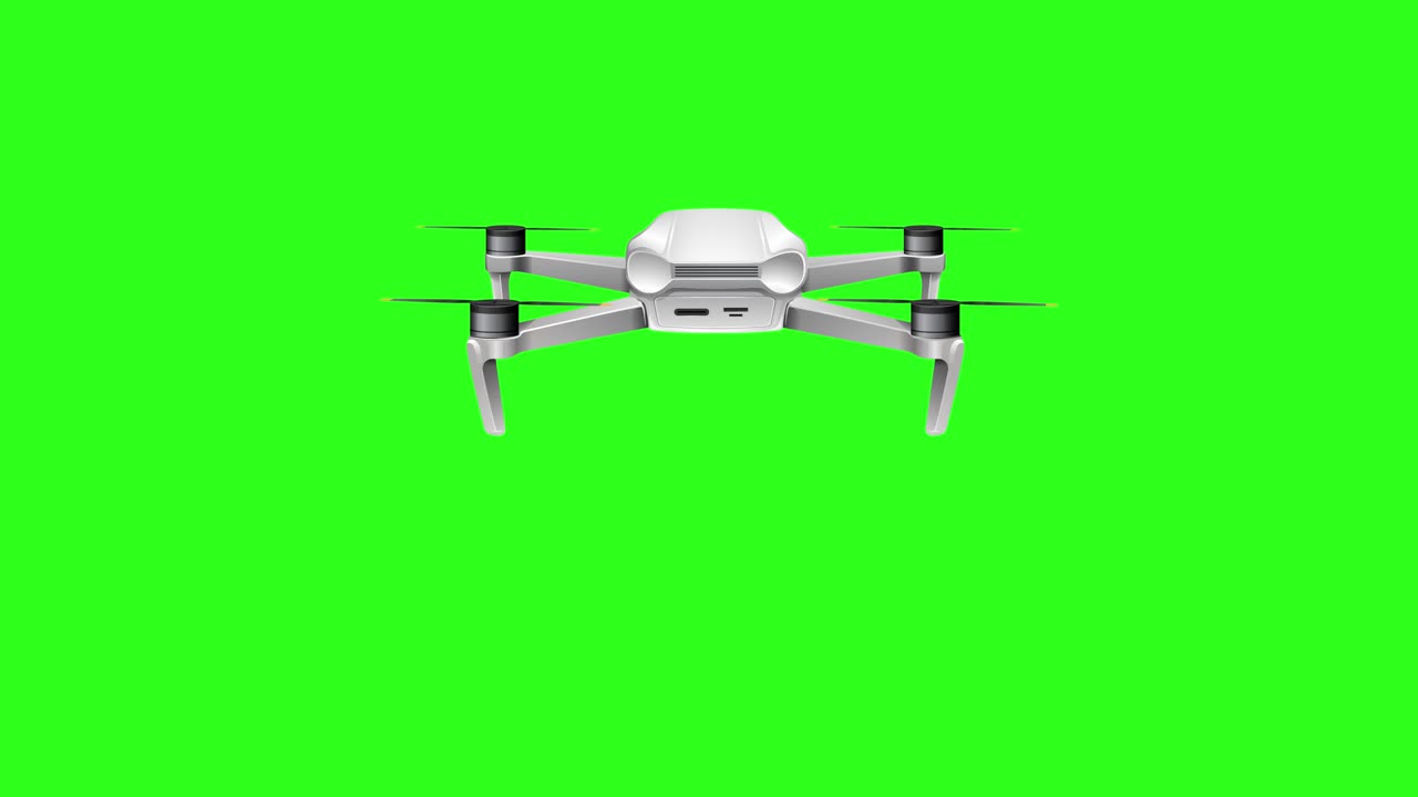 A drone smoothly moves across a bright green backdrop, showcasing dynamic flight patterns and rotations