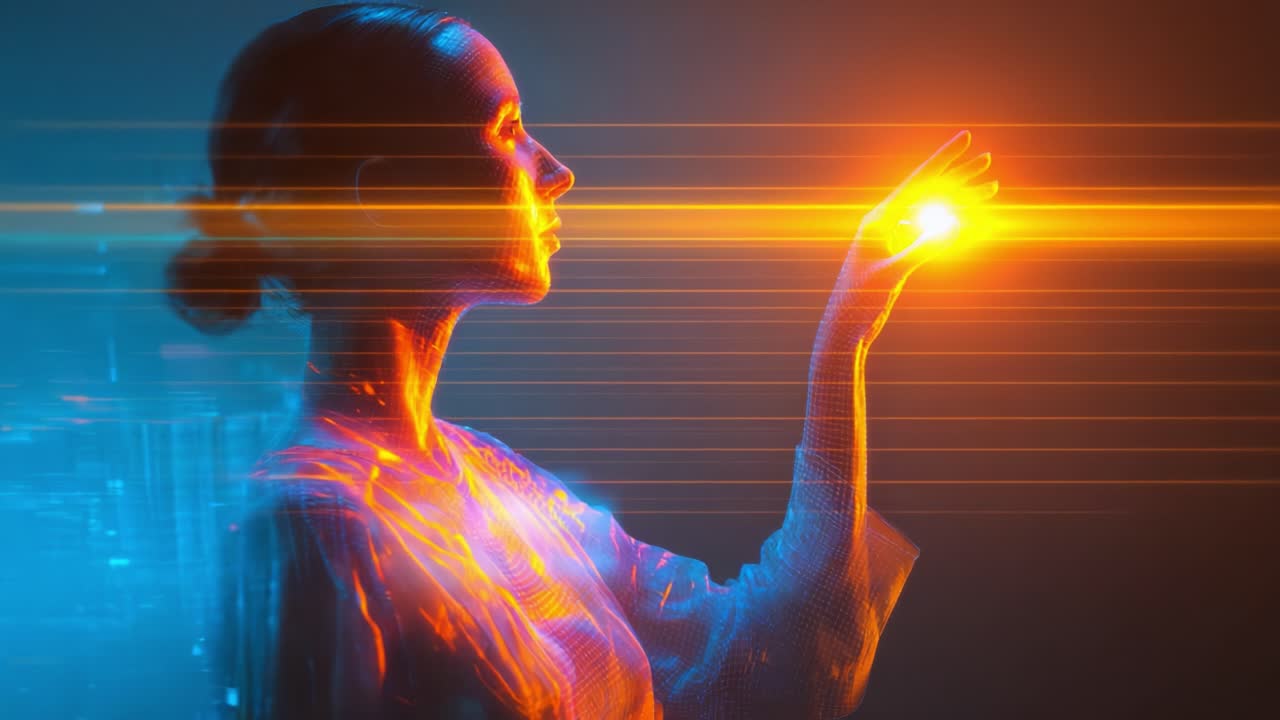 A captivating fusion of technology and human emotion, showcasing a woman's ethereal presence as she interacts with vibrant digital light streams, symbolizing connection and transformation