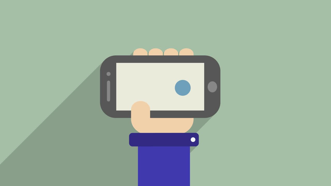 The drawn hand of a man is holding a phone with the image of three download points. The dots are blinking. Flat style. Motion graphics.