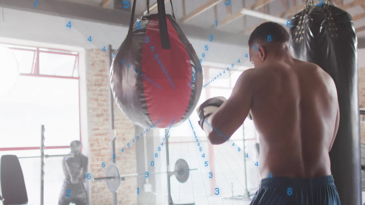 Training with punching bag, boxer with data processing animation overlay