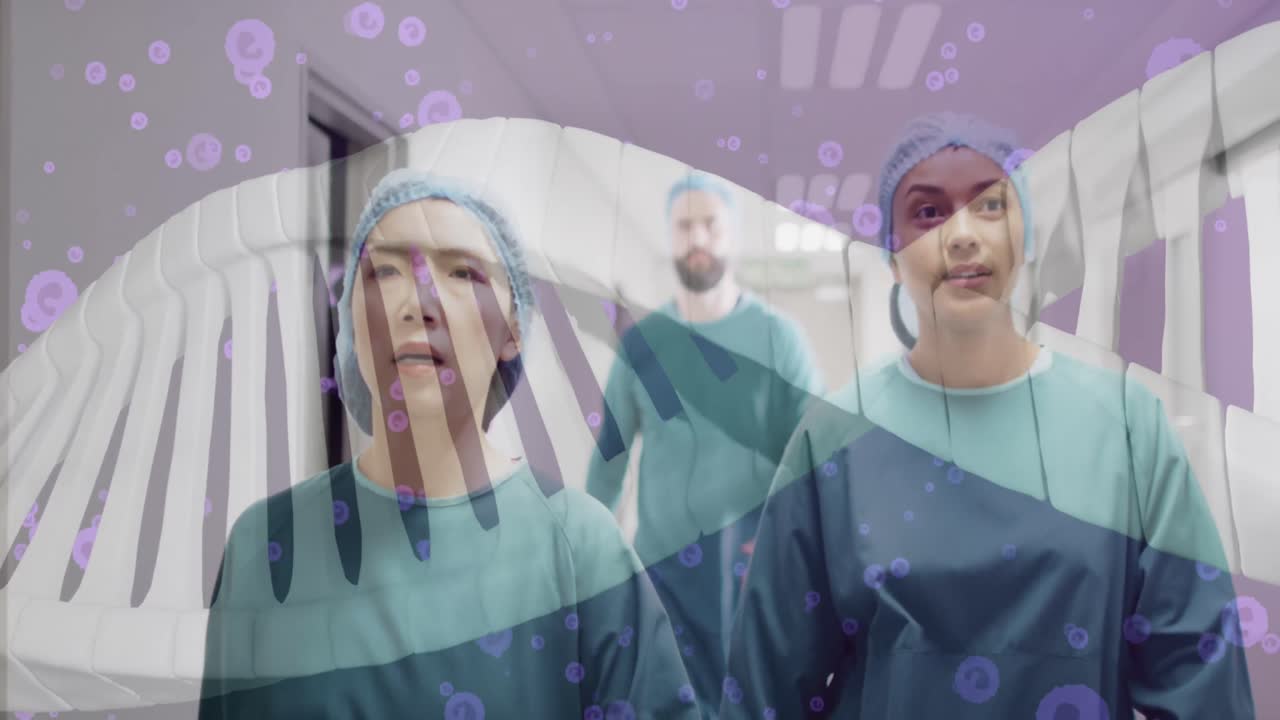 dna 스트랜드의 애니메이션과 병원의 다양한 의사들에 대한 데이터 처리가