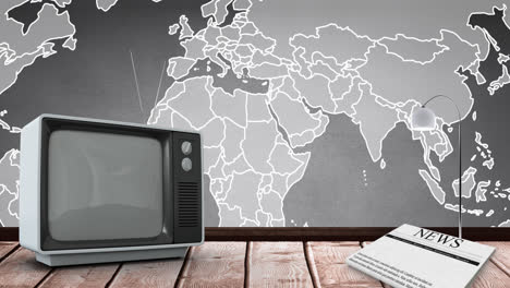 animación de la televisión vintage sobre el mapa del mundo