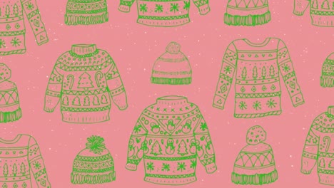 Animation-of-christmas-jumper-pattern-over-falling-snow-on-pink-background