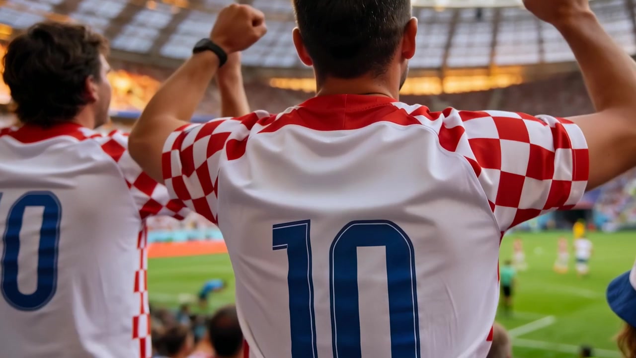 Tifoso che esulta, alzando i pugni, mentre il gioco avanza sul campo in uno stadio coperto, con maglie numero 10.