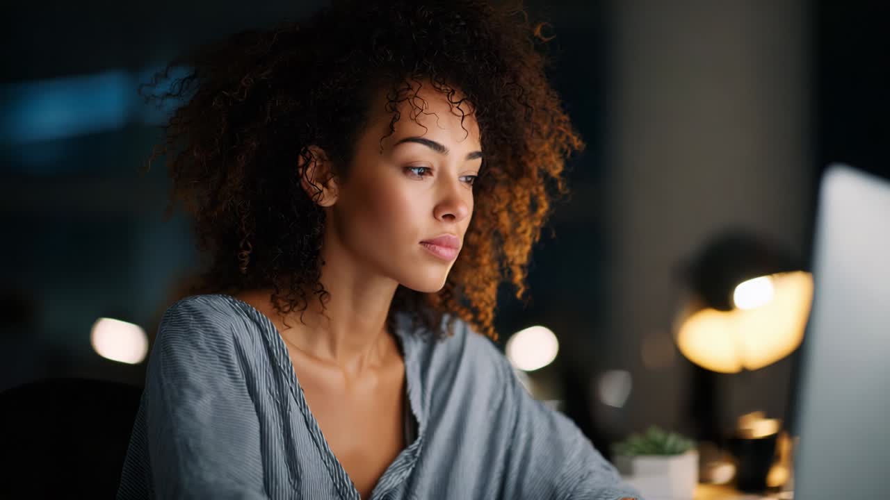 A thoughtful woman immersed in her work at a desk, showcasing focus and determination as she engages with her laptop in a cozy, dimly-lit environment likely reflecting a creative or productive mindset
