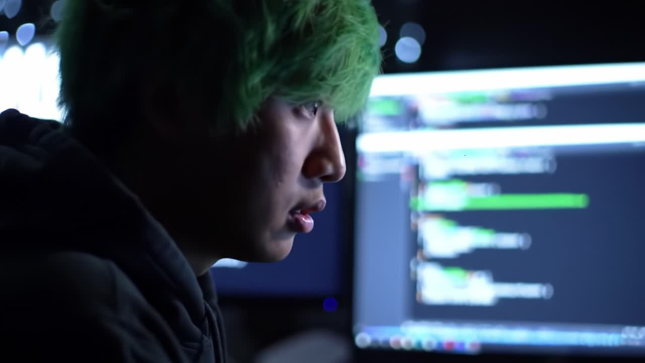 Focused Individual Analyzing Data on Computer Screen at Night with Green Hair, Surrounded by a Dimly Lit Environment for Optimal Concentration