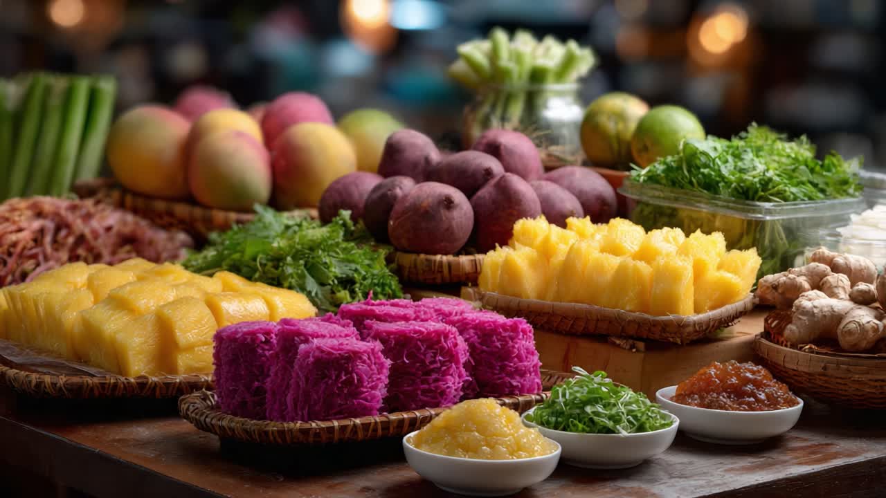 A Colorful Display of Fresh Fruits and Vibrant Ingredients: An Abundance of Tropical Goodness on a Rustic Table
