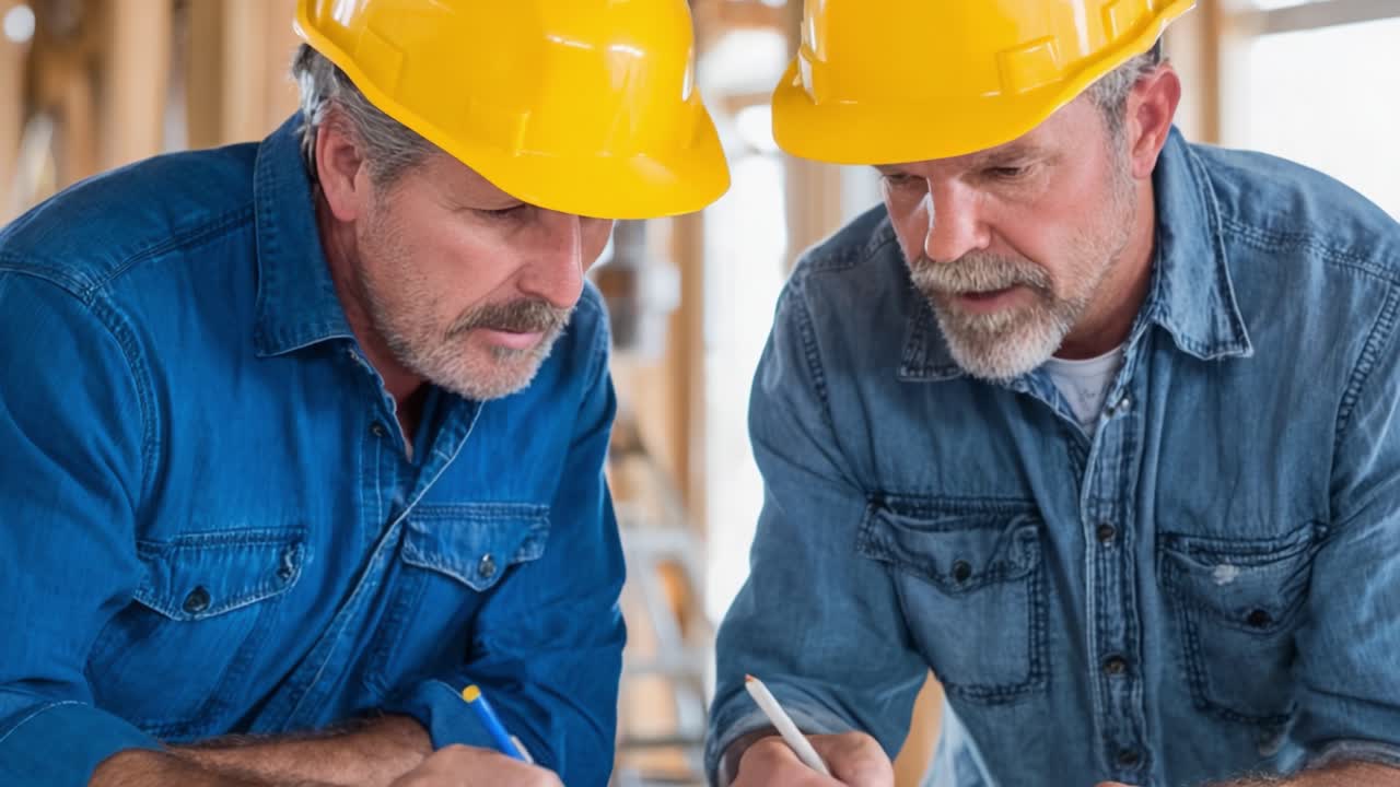 Two construction workers in hard hats collaborate on a project, intently discussing and noting critical details in a busy worksite environment, ensuring safety and efficiency
