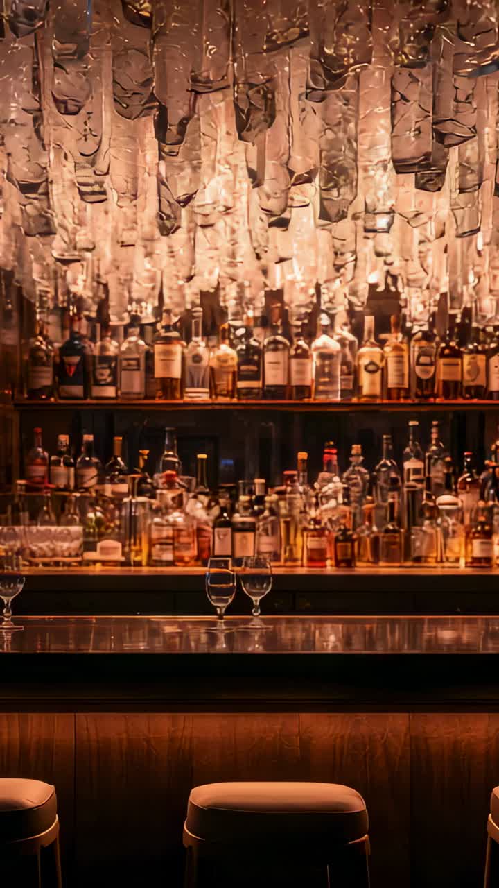 Vertical video: Shifting lights making warm mood on back bar and counter in lounge with two glasses