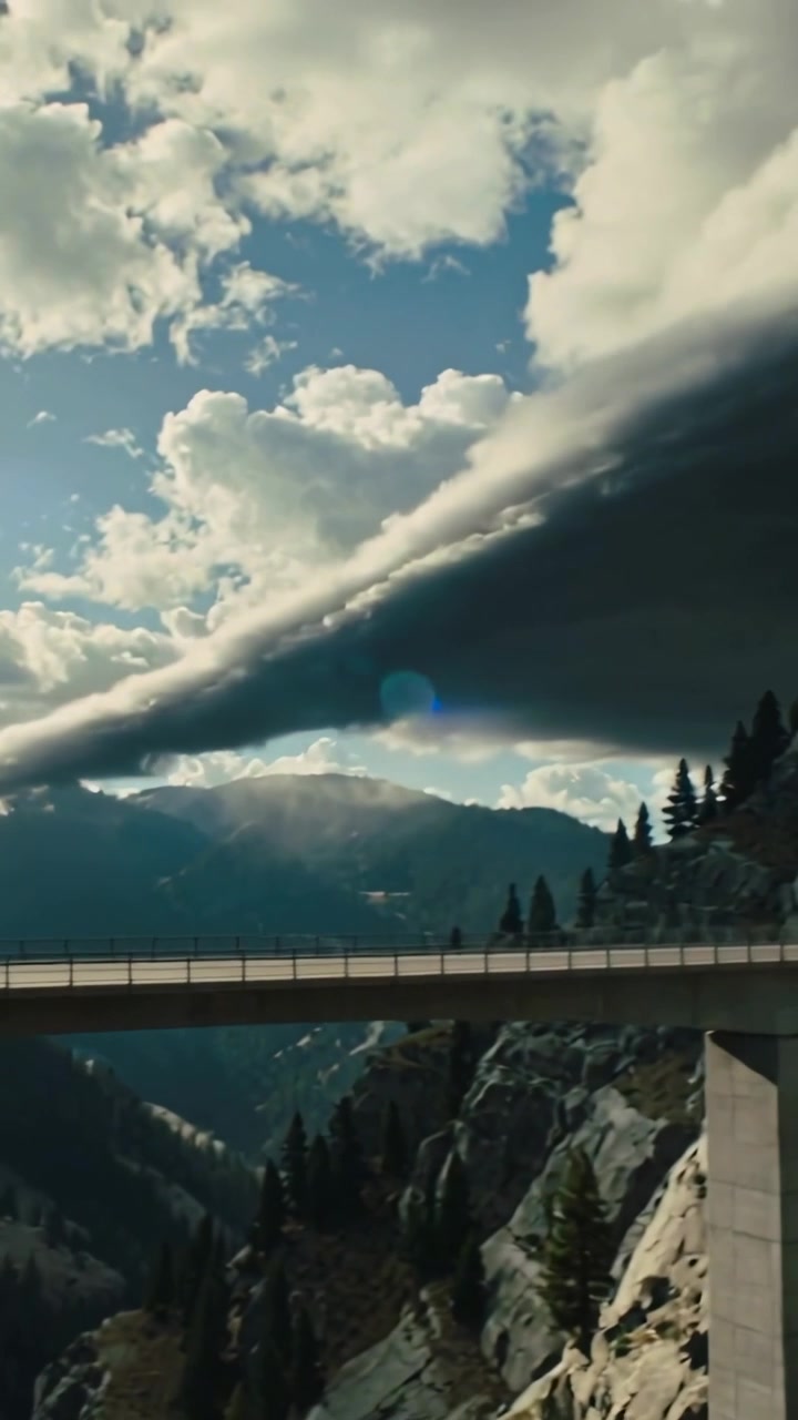 Vertical video: Wind pushing cloud bank sweeping mountain canyon, shadowing concrete bridge piers