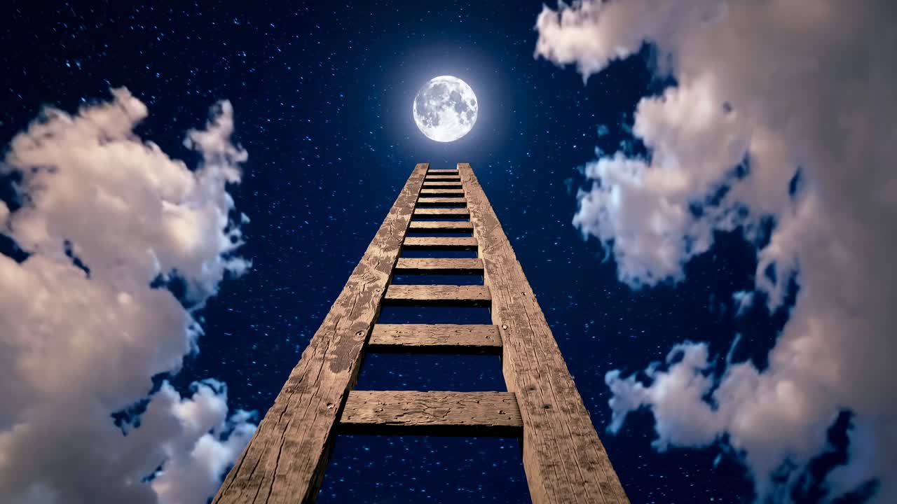 A surreal video concept showing a low-angle view of a wooden ladder reaching towards a full moon