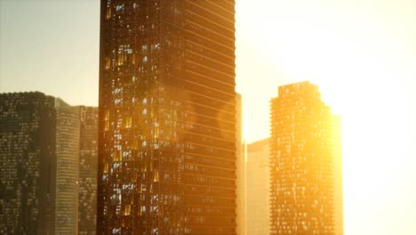 sunset aerial shot of skyscrapers of business centre