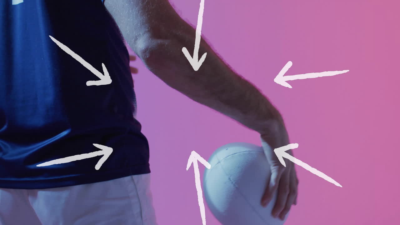 Holding volleyball, person with white arrows on pink background, animation style