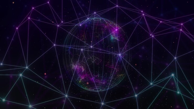 Animation of network of connections with glowing nodes over black background