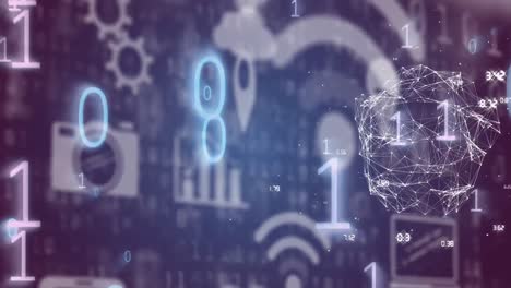 animación de la red de conexiones y codificación binaria de iconos en línea con procesamiento de datos