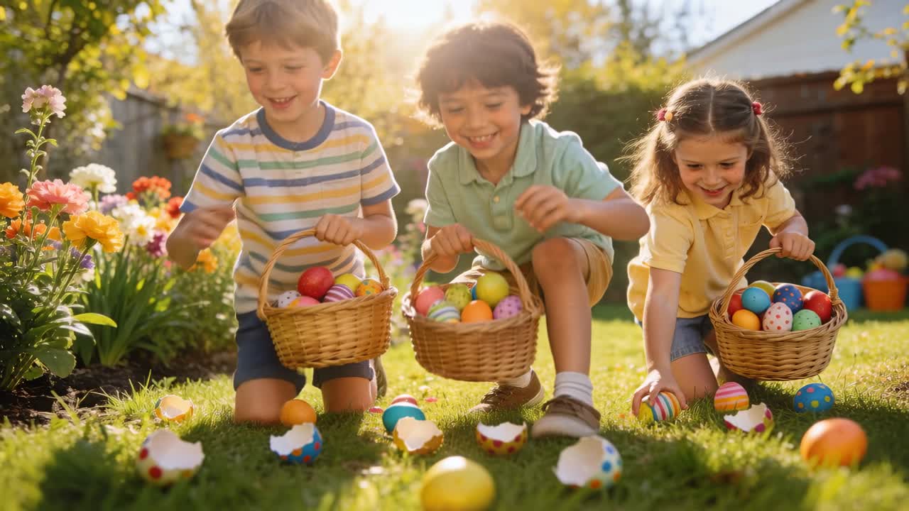 裏庭の芝生で3人の子供たちが色とりどりの卵を拾い、編みかごを満たしているエッグハントが始まった