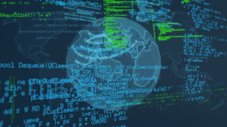 Digital animation of data processing against spinning globe and world map on blue background