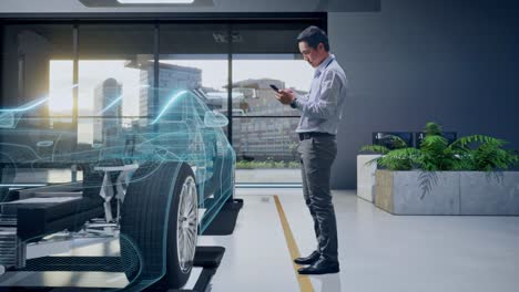 ingeniero de diseño automotriz comprobando el diseño del chasis del automóvil