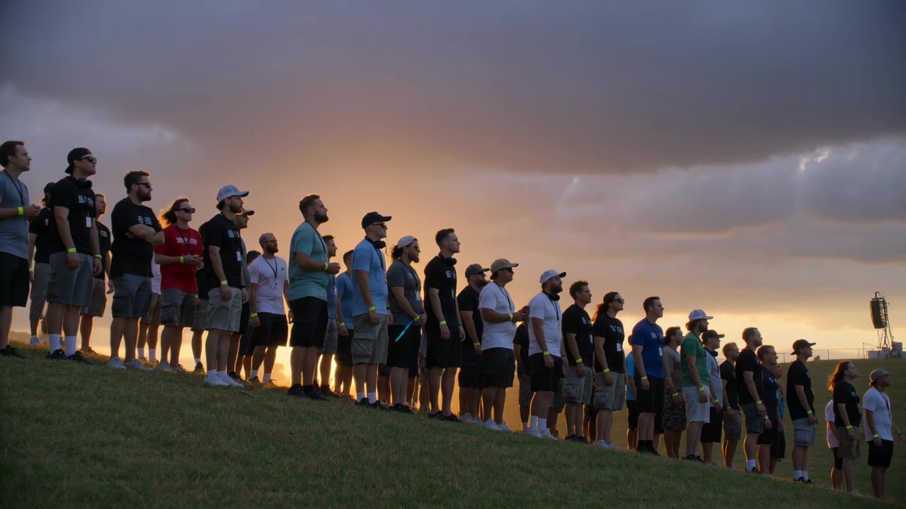 De frente para uma fila de homens adultos observando o pôr do sol subindo na encosta gramada, segurando garrafas perto da torre de som.